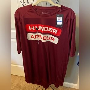 Under Armour Mens XL Extra large T-shirt Velocity 2.0 Word mark Loose Fit Wine